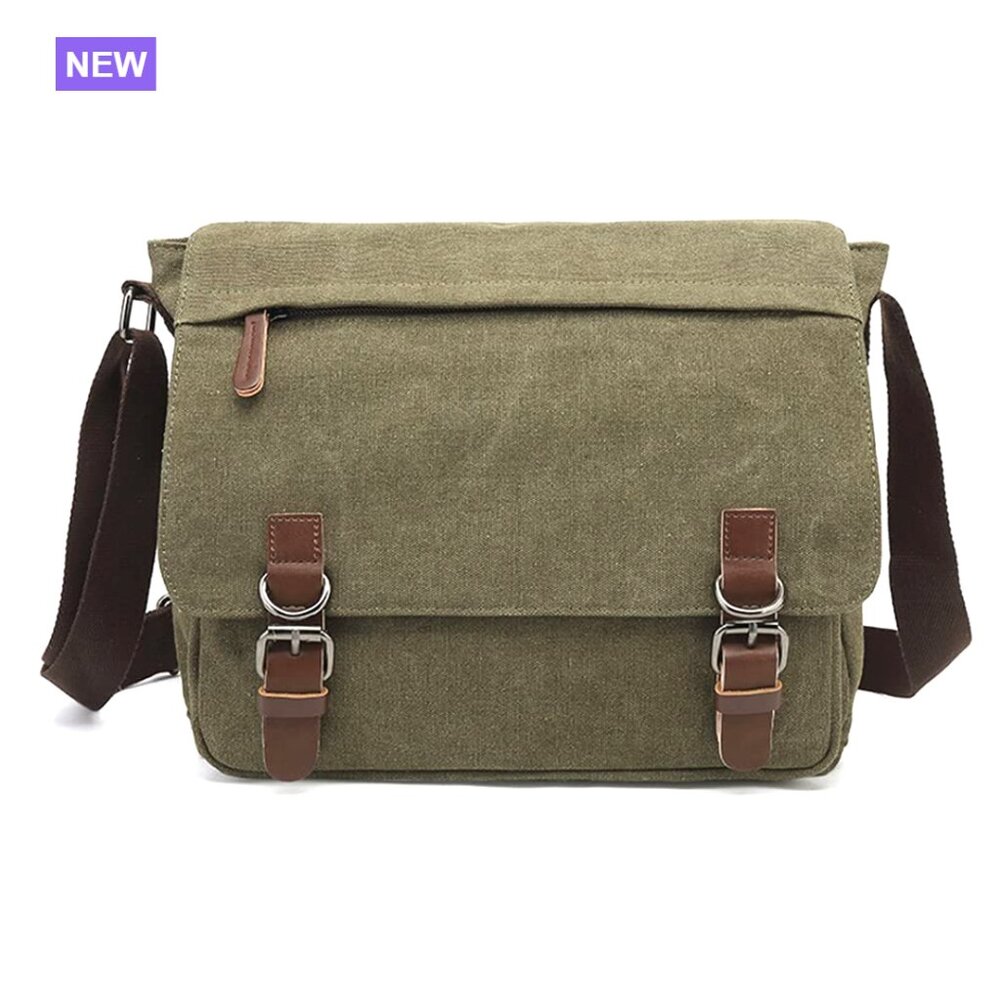 Canvas Messenger Bag with PU Leather, Adjustable Strap, Fits 15.6 Inch Laptop